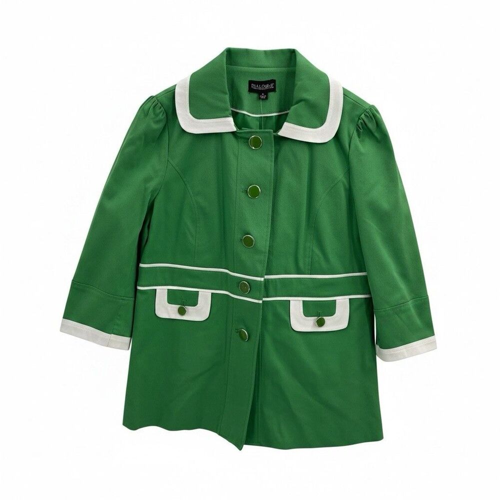 Dialogue Womens Medium Green Blazer Button Front Collared Lined White Trim